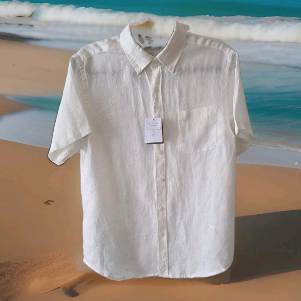 Porter & Ash Men’s Sz Medium Shirt 100% Linen White Button Down Short Sleeve